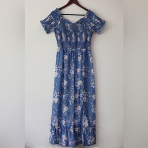 Blue and White Floral Floor Length Dress with Smocked Bodice